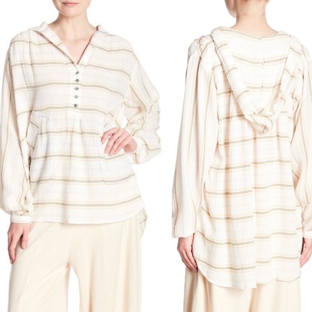 Free People Rolling Clouds 100% Cotton Hooded Blouse Ivory Cream Striped - Picture 2 of 8